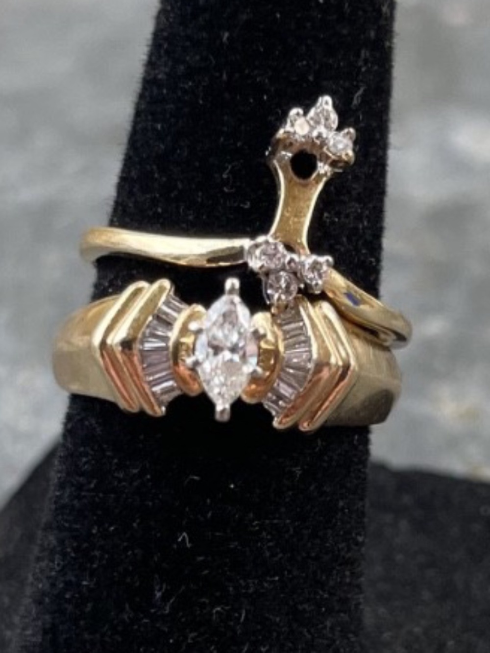 14k Gold Marquise Baguette Bridal Set 1990s--size 3.5 Rare, Vintage Petite Fit - Picture 4 of 10